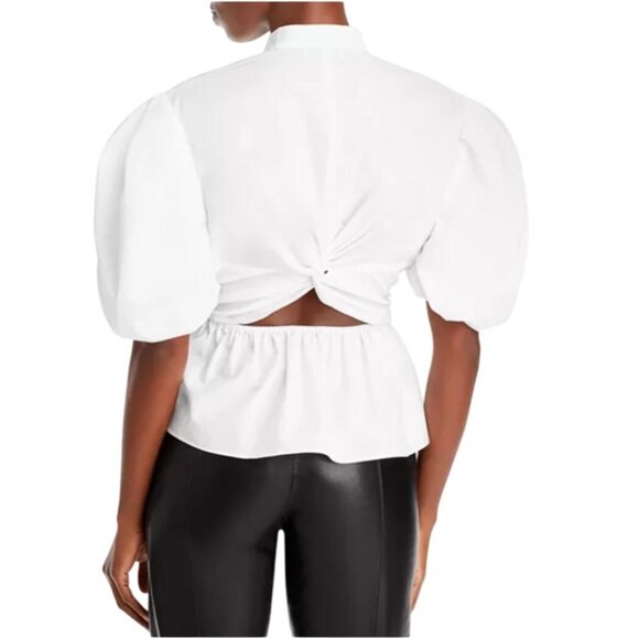 Vince Draped Puff Sleeve Blouse Size 10 Cut Out Back Button Up NWT Cotton Short - Picture 2 of 14